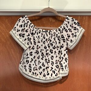 Express Off-the-Shoulder Leopard Print Blouse with Lace Trim, Size S